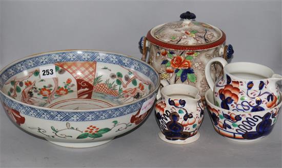 A late Imari bowl, three lustre items and a biscuit barrel